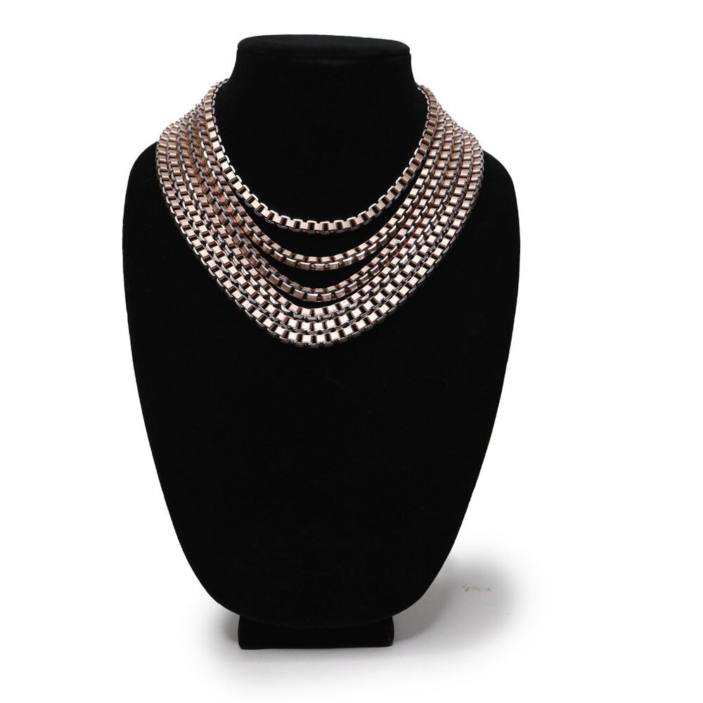 Multi-Strand Rose Gold Tone Box Link Chain Statement Necklace | Chunky Bib Neckl